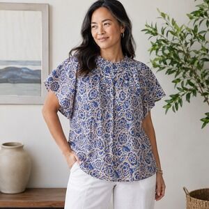 Banjanan Blue Tan Floral Block Print Cotton Ruffle Neck Blouse Large